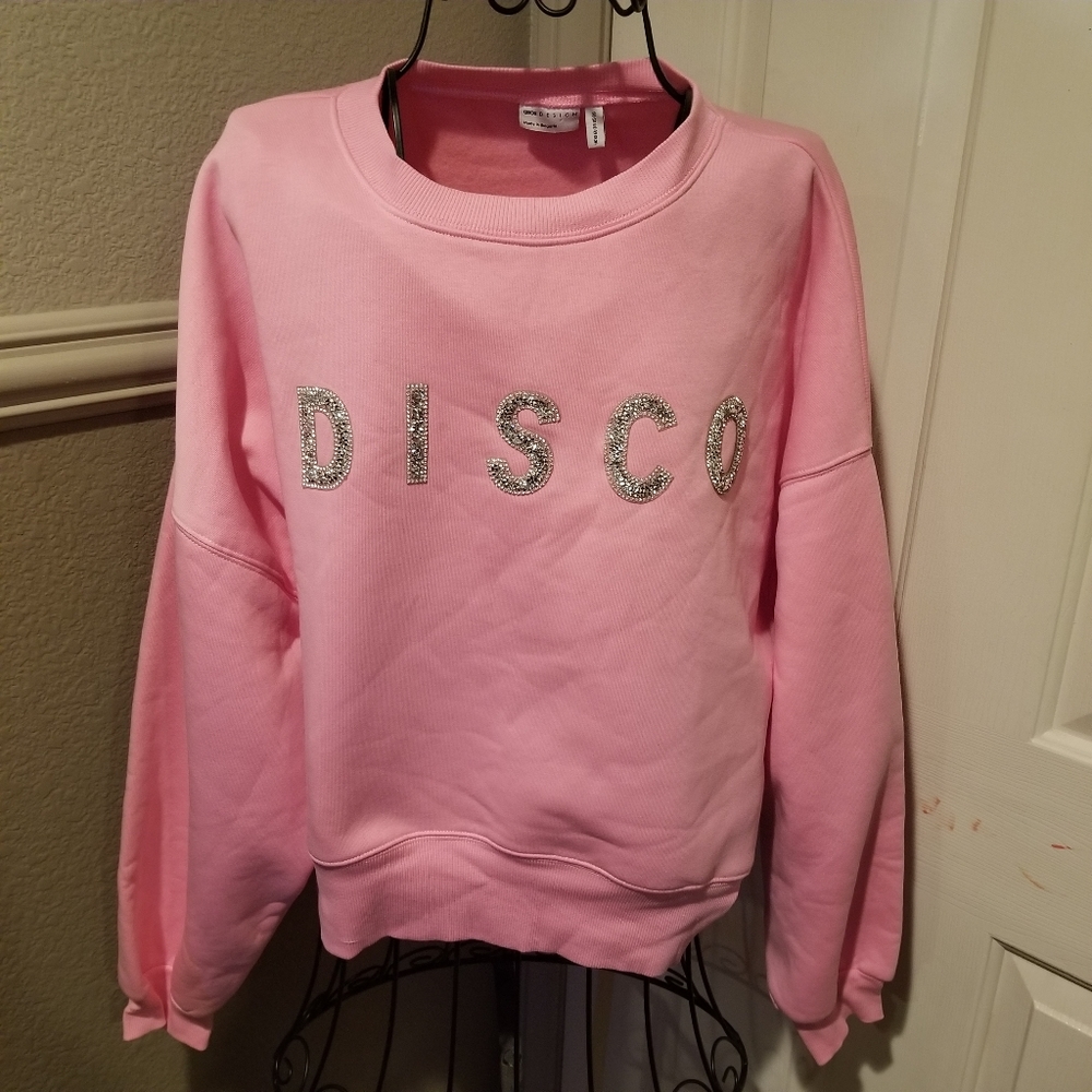OSOS Pink DISCO Silver Sequin Lettering Batwin Sweatshirt Size Small/Medium.